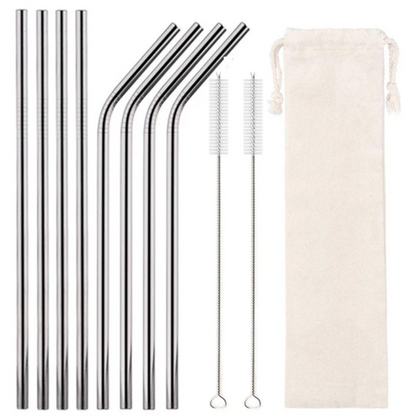 Eight reusable Silver stainless steel straws with cleaning brush and eco-linen carry pouch, food-grade 304 18/8 BPA-free metal straw kit.
