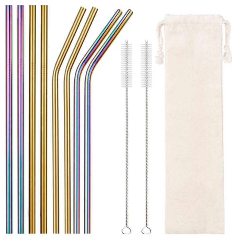 Eight reusable Gold & Rainbow stainless steel straws with cleaning brush and eco-linen carry pouch, food-grade 304 18/8 BPA-free metal straw kit.