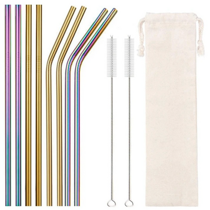 Eight reusable Gold & Rainbow stainless steel straws with cleaning brush and eco-linen carry pouch, food-grade 304 18/8 BPA-free metal straw kit.