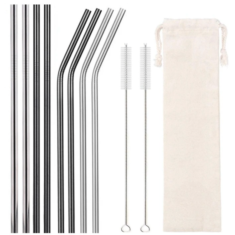 Eight reusable Silver & Black  stainless steel straws with cleaning brush and eco-linen carry pouch, food-grade 304 18/8 BPA-free metal straw kit.