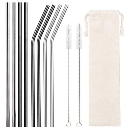 Eight reusable Silver & Black  stainless steel straws with cleaning brush and eco-linen carry pouch, food-grade 304 18/8 BPA-free metal straw kit.