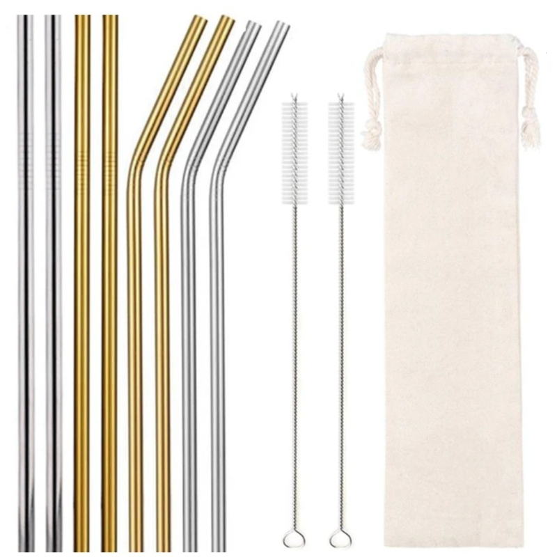 Eight reusable Silver & Gold stainless steel straws with cleaning brush and eco-linen carry pouch, food-grade 304 18/8 BPA-free metal straw kit.