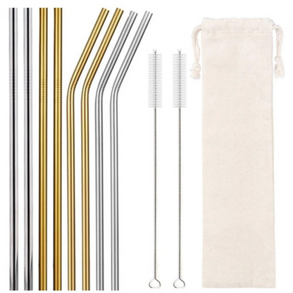 Eight reusable Silver & Gold stainless steel straws with cleaning brush and eco-linen carry pouch, food-grade 304 18/8 BPA-free metal straw kit.