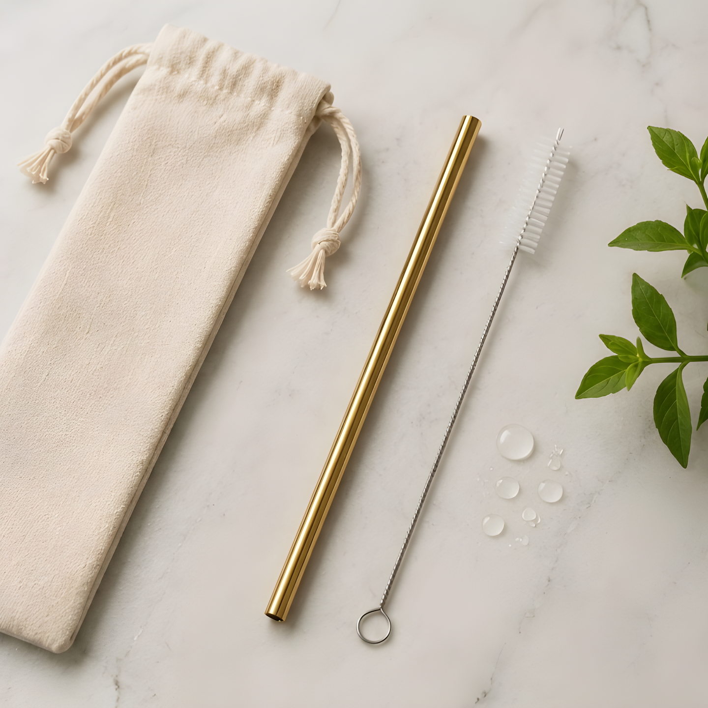 Gold stainless steel reusable straw, nylon cleaning brush and eco-linen carry pouch laid flat on marble surface with water droplets and fresh leaves, plastic-free metal straw kit components.
