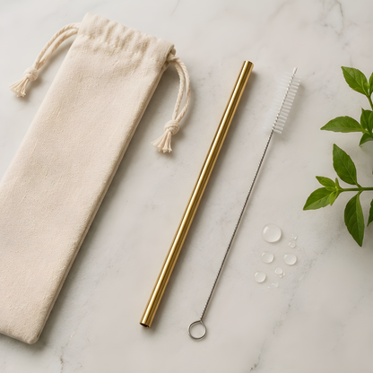 Gold stainless steel reusable straw, nylon cleaning brush and eco-linen carry pouch laid flat on marble surface with water droplets and fresh leaves, plastic-free metal straw kit components.
