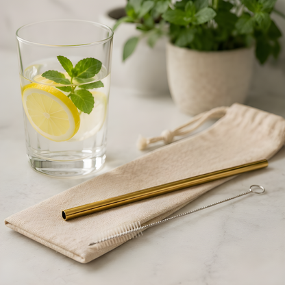 Gold stainless steel reusable straw and eco-linen carry pouch beside a fresh lemon and mint water glass on a marble surface with indoor plant in background, sustainable plastic-free straw for everyday home use.
