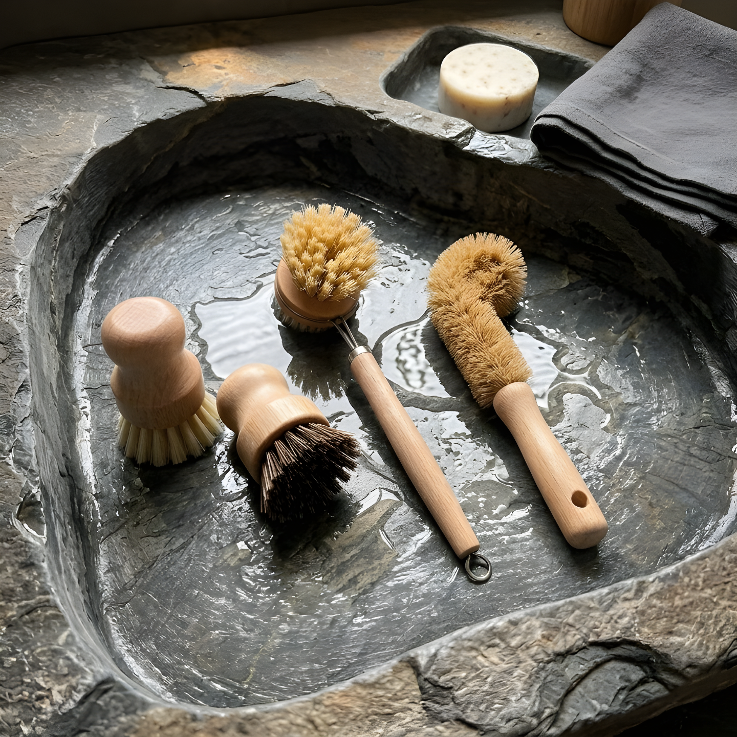 Four natural wood-handled cleaning brushes arranged inside a rustic stone basin with water, alongside a bar of soap and a folded gray cloth.