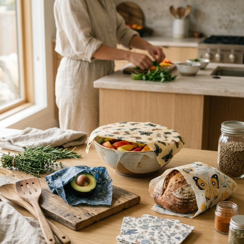 Woman cooking in a bright natural kitchen with reusable beeswax food wraps covering bowls and bread on a wooden counter, eco-friendly plastic-free food storage in everyday use.
