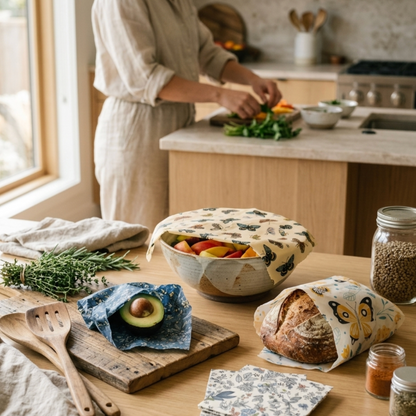 Woman cooking in a bright natural kitchen with reusable beeswax food wraps covering bowls and bread on a wooden counter, eco-friendly plastic-free food storage in everyday use.
