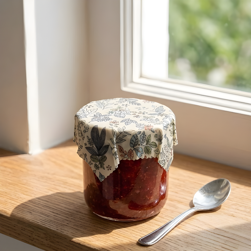 Reusable beeswax food wrap with botanical leaf print covering a jar of jam on a wooden windowsill in natural morning light, plastic-free eco-friendly jar cover.
