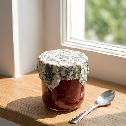 Reusable beeswax food wrap with botanical leaf print covering a jar of jam on a wooden windowsill in natural morning light, plastic-free eco-friendly jar cover.
