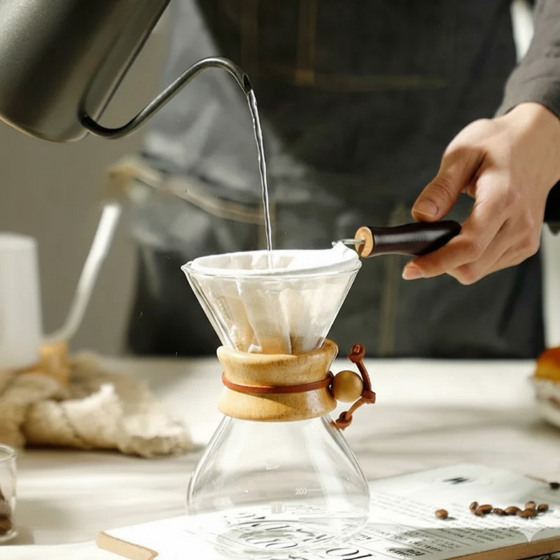 Person pouring liquid into a glass coffee maker on a table with a blurred background. Reusable metal coffee filter to replace disposable paper filters and reduce kitchen waste.