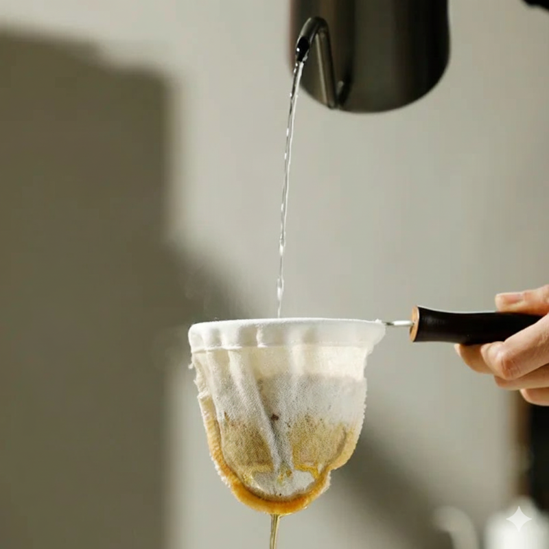 Person pouring liquid into a coffee filter with a blurred background. Paperless coffee filter that preserves natural aromatic oils for a fuller flavor and expressive cup.