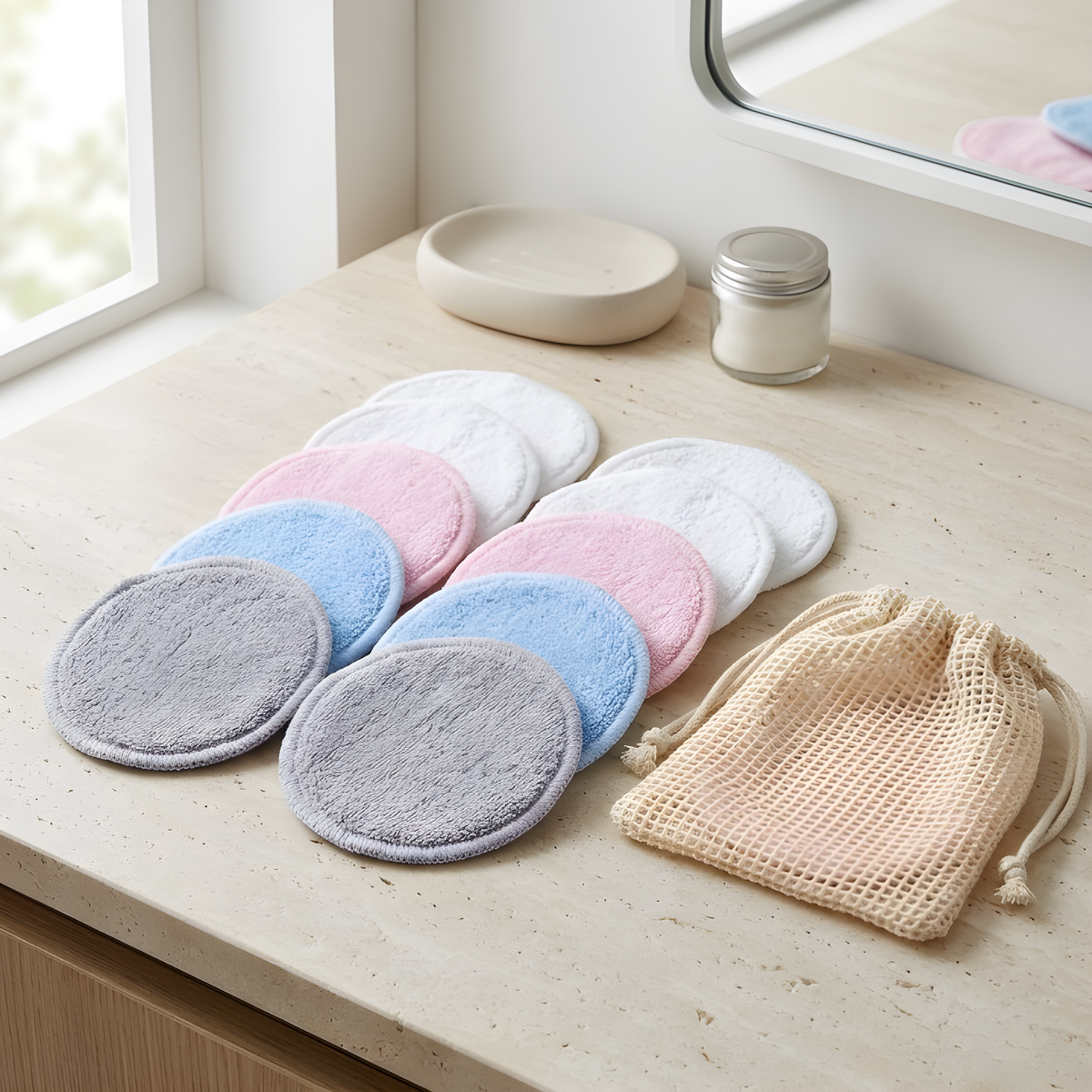Ten reusable bamboo fibre pads in white, pink, blue, and grey arranged on a bathroom counter beside a mesh washing bag.