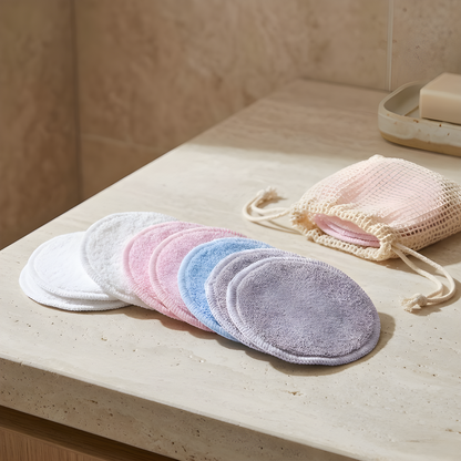 Ten reusable bamboo fibre pads in white, pink, blue, and grey fanned out on a stone counter beside a mesh washing bag, no text.