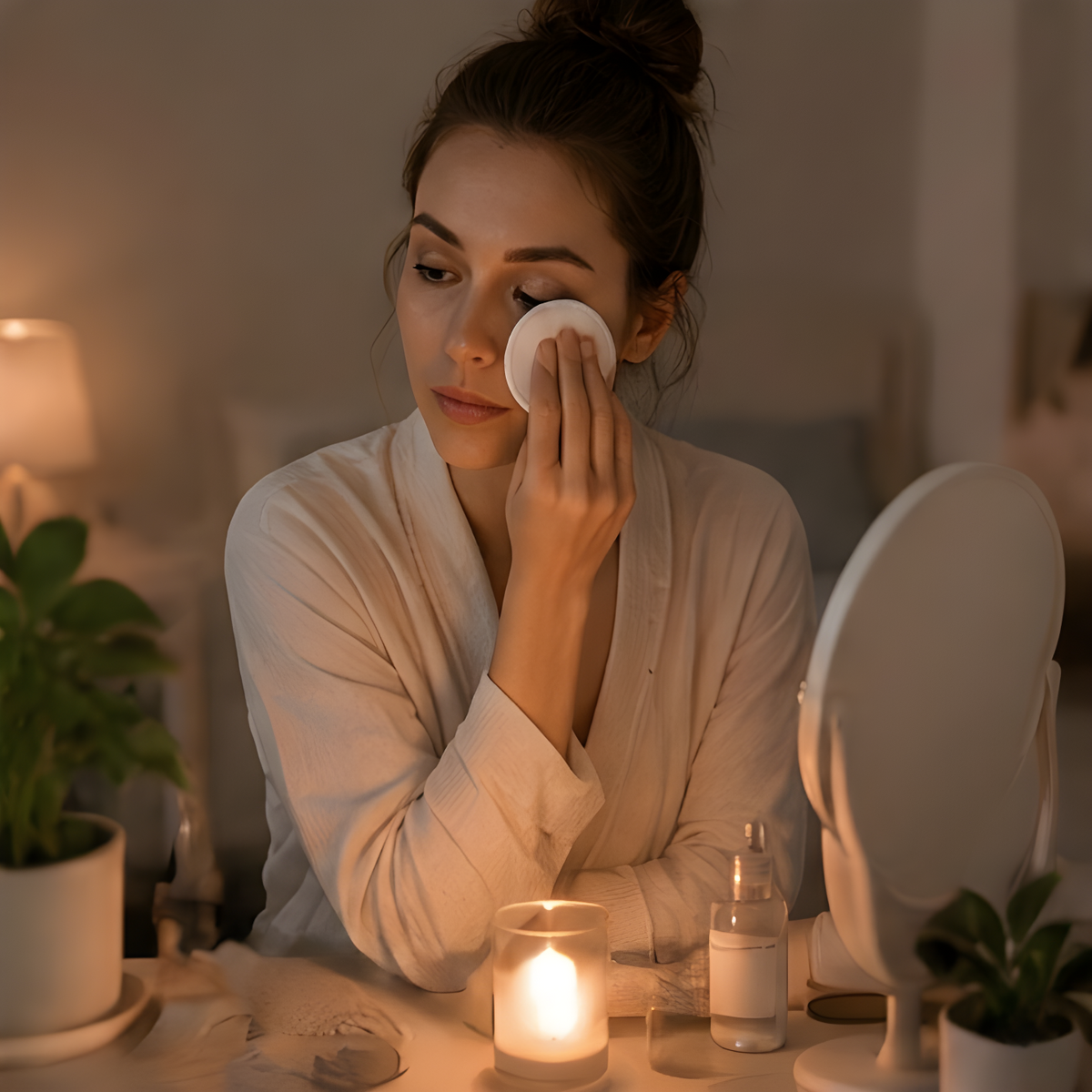 Woman in a robe using a reusable bamboo fibre pad on her face by candlelight at a bathroom vanity.