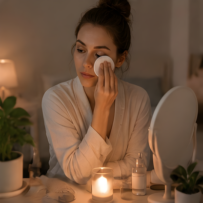 Woman in a robe using a reusable bamboo fibre pad on her face by candlelight at a bathroom vanity.