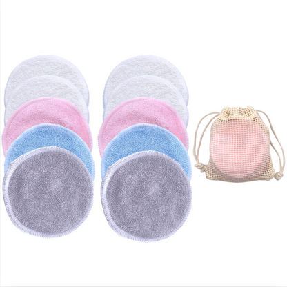 Ten reusable bamboo fibre pads in a mix of white, pink, blue, and grey colours with a cotton mesh washing bag, showing the complete mixed colour set