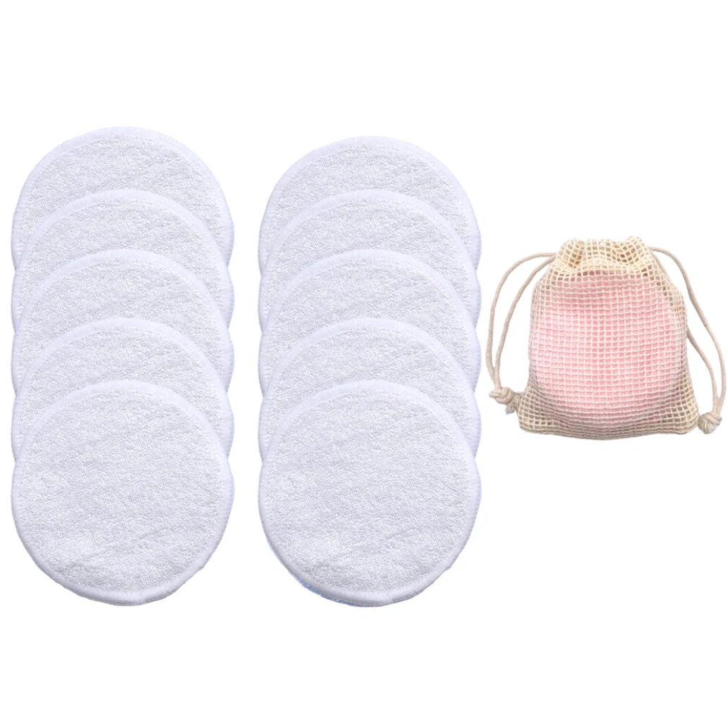 Ten reusable bamboo fibre pads in white with a cotton mesh washing bag, showing the complete single-colour white set.