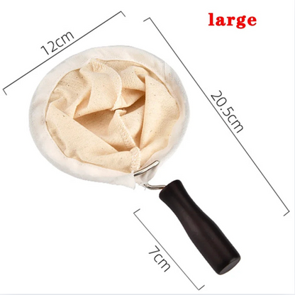 Reusable cloth pour-over coffee filter, Large size, 20.5 x 12 cm with a 7 cm wooden handle.