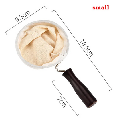 Reusable cloth pour-over coffee filter, Large size, 18.5 x 9.5 cm with a 7 cm wooden handle.