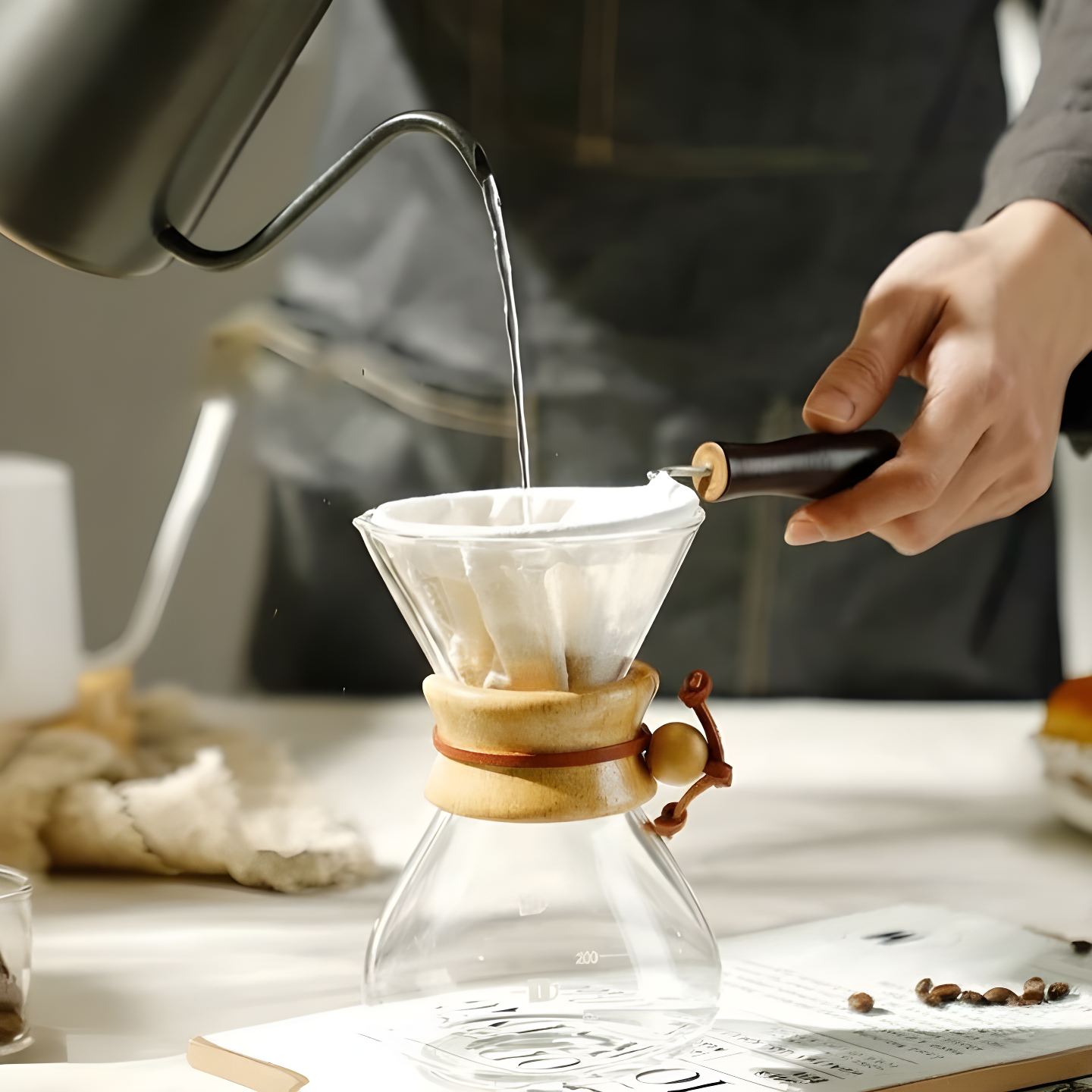Copper gooseneck kettle pouring water into a reusable cloth coffee filter set in a glass Chemex carafe.