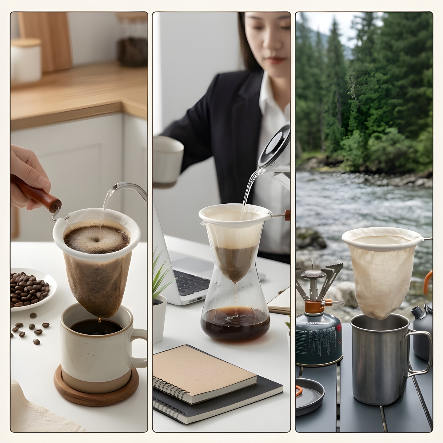 Three-panel image showing the reusable cloth coffee filter used at home pouring into a mug, at a desk pouring into a glass carafe, and outdoors on a camping stove beside a river.