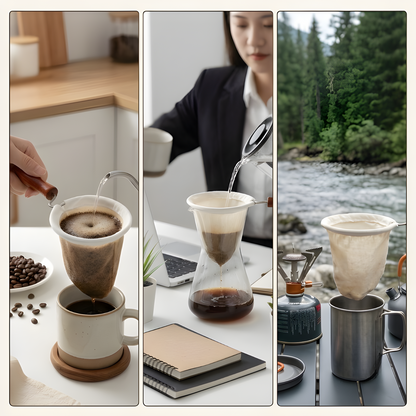 Three-panel image showing the reusable cloth coffee filter used at home pouring into a mug, at a desk pouring into a glass carafe, and outdoors on a camping stove beside a river.