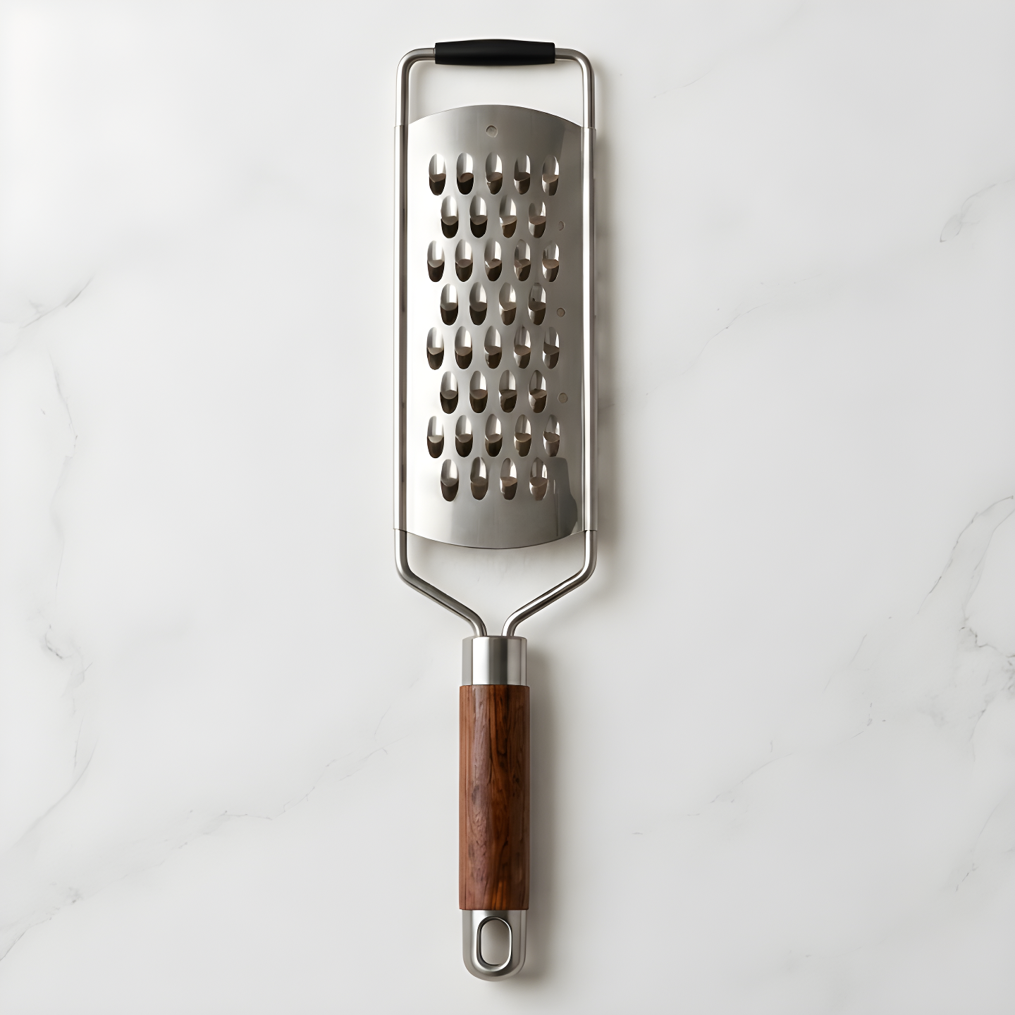 Rosewood handle stainless steel grater on a white marble surface