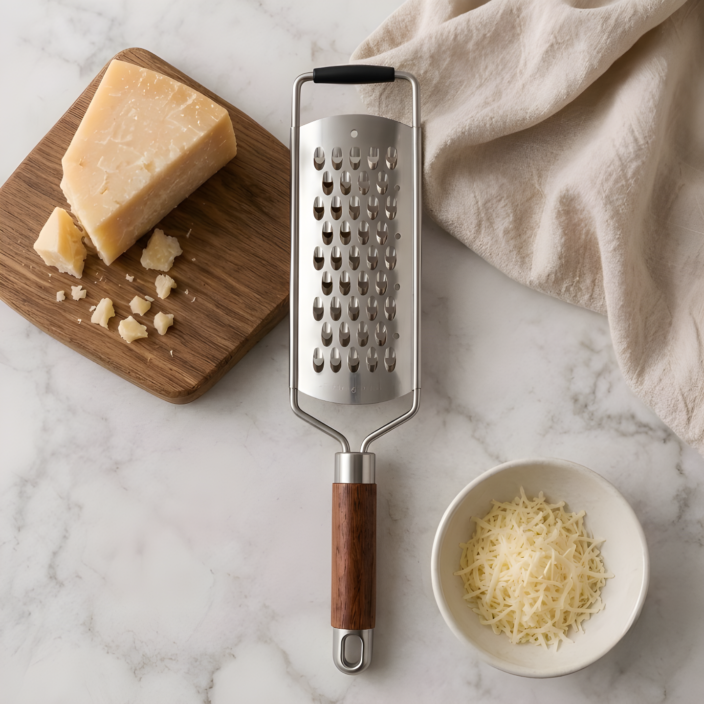 Stainless steel grater with rosewood handle beside a block of parmesan cheese on a wooden board