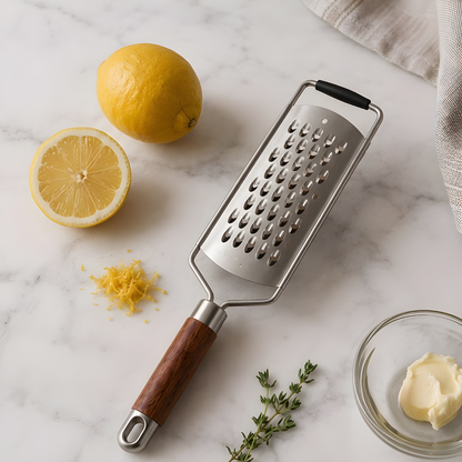 Rosewood handle grater with lemon zest, fresh thyme and butter on a marble surface