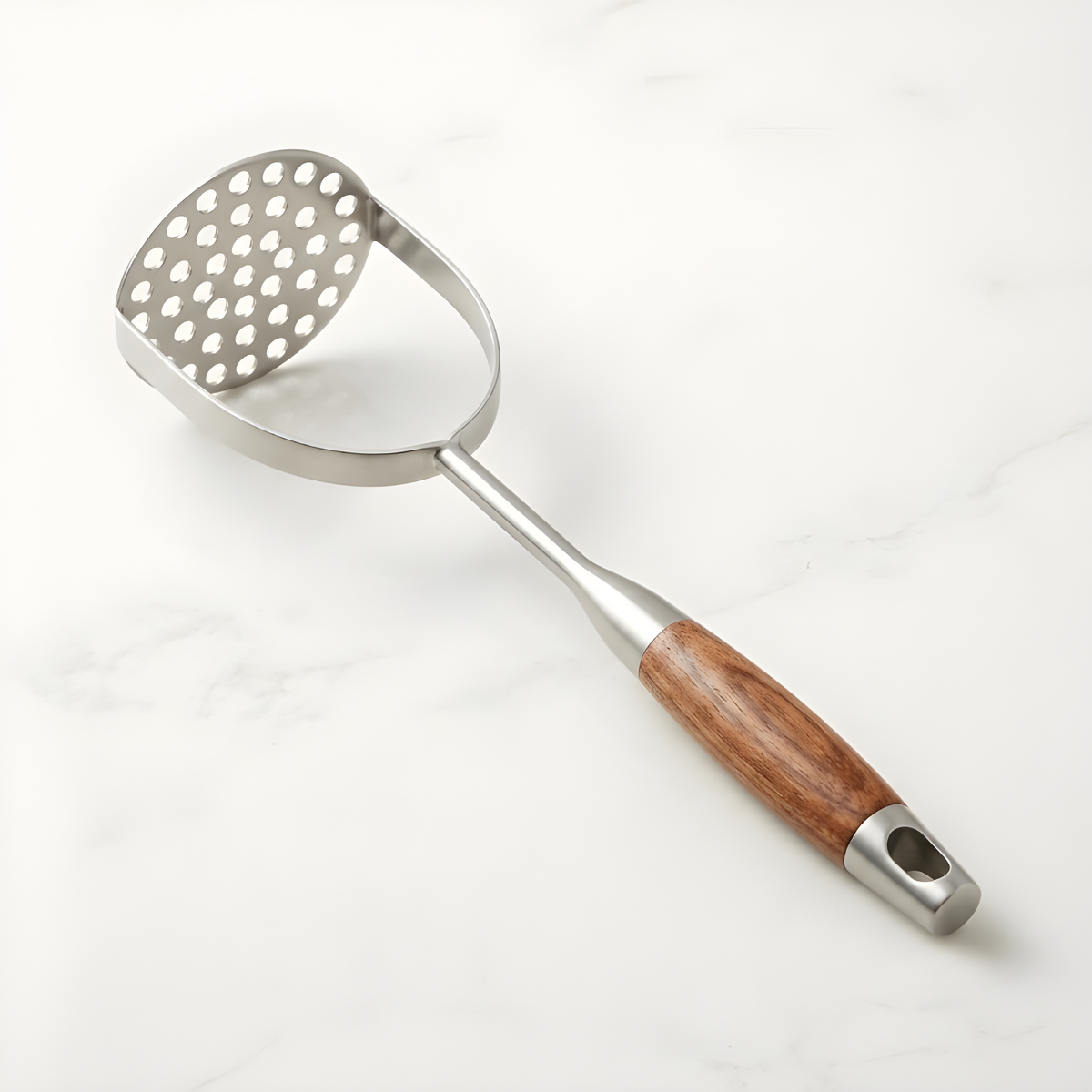 Rosewood handle stainless steel potato masher on a white marble surface