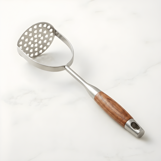 Rosewood handle stainless steel potato masher on a white marble surface