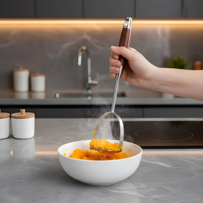 Rosewood handle masher mashing pumpkin in a white bowl with steam rising