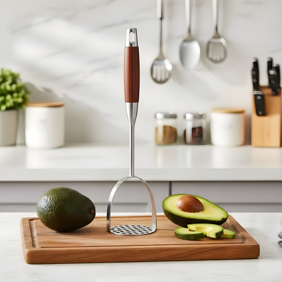 Rosewood handle potato masher on a wooden board beside a halved avocado