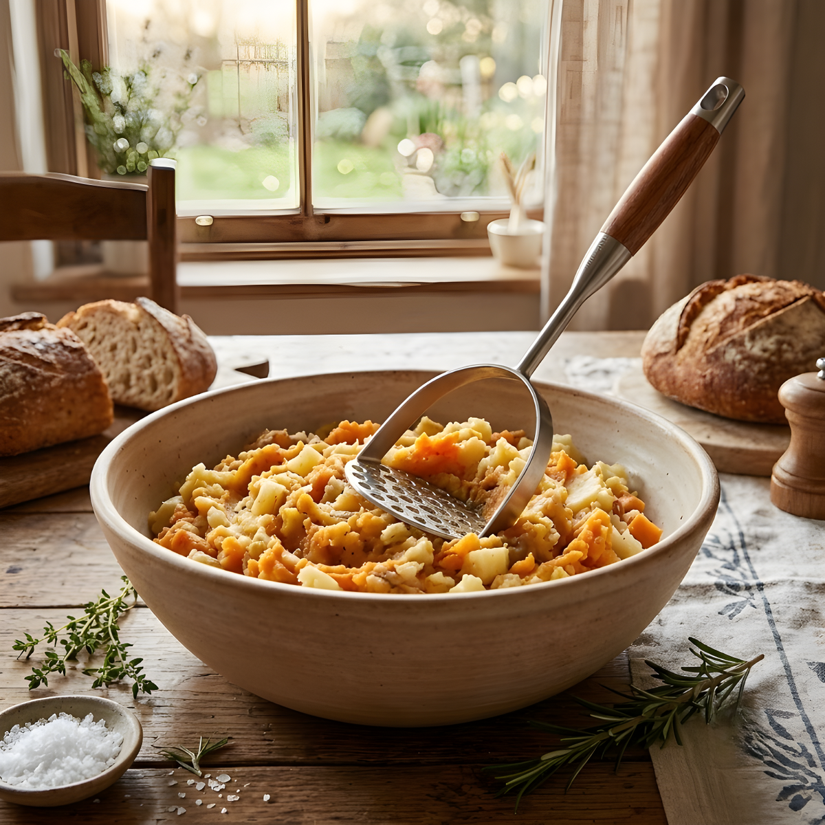 Rosewood handle masher mixing a vegetable stew in a bowl on a rustic table