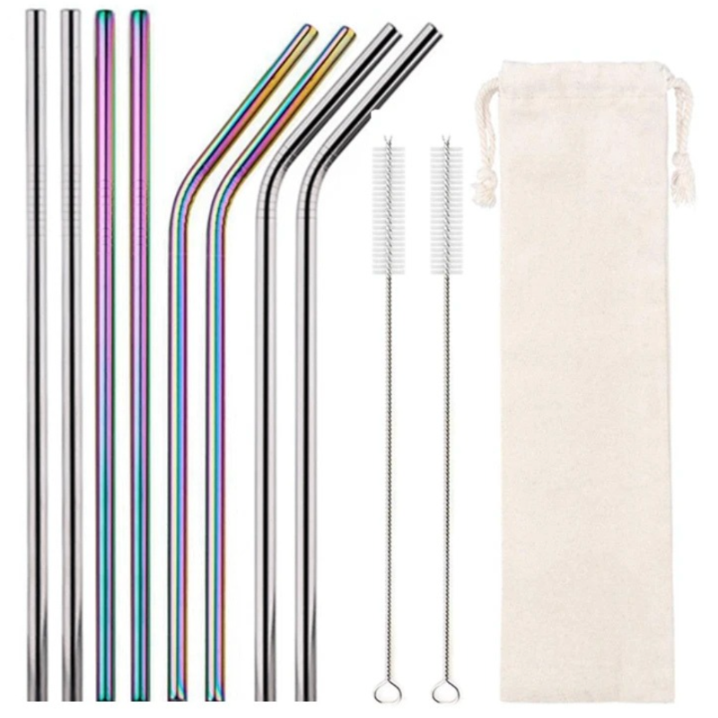 Set of Silver & Rainbow metal straws with rainbow options, cleaning brush, and carrying pouch on a white background