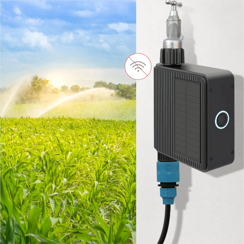 Irrigation controller with a field of green grass and a blue sky in the background and the symbol of no wifi 