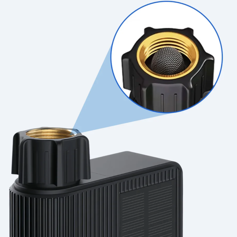 Black and gold garden hose nozzle with close-up detail on a light blue background