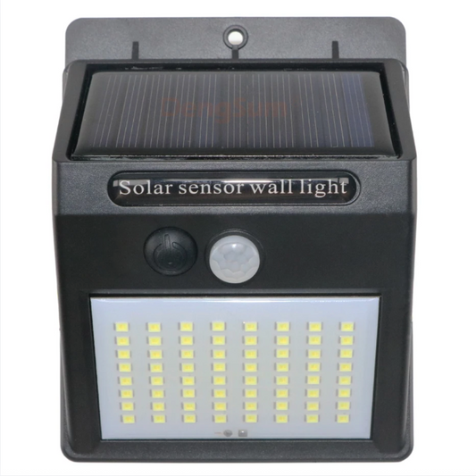 Solar sensor wall light with solar panel and LED lights on a white background