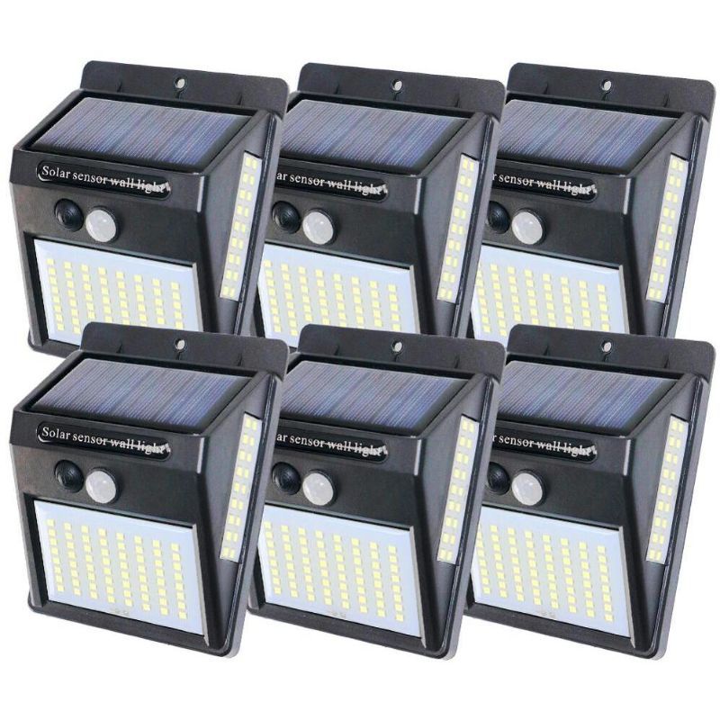Set of six solar-powered LED wall lights on a white background