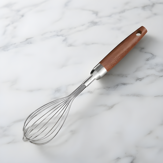 Stainless steel whisk with hardwood handle on a white marble surface