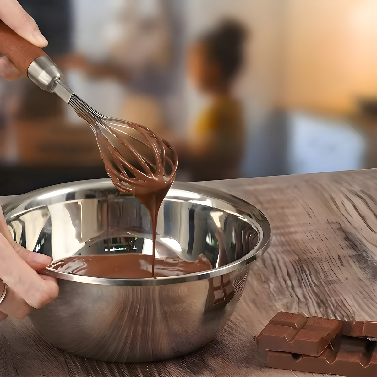 Hand using a hardwood handle whisk to mix melted chocolate in a stainless steel bowl