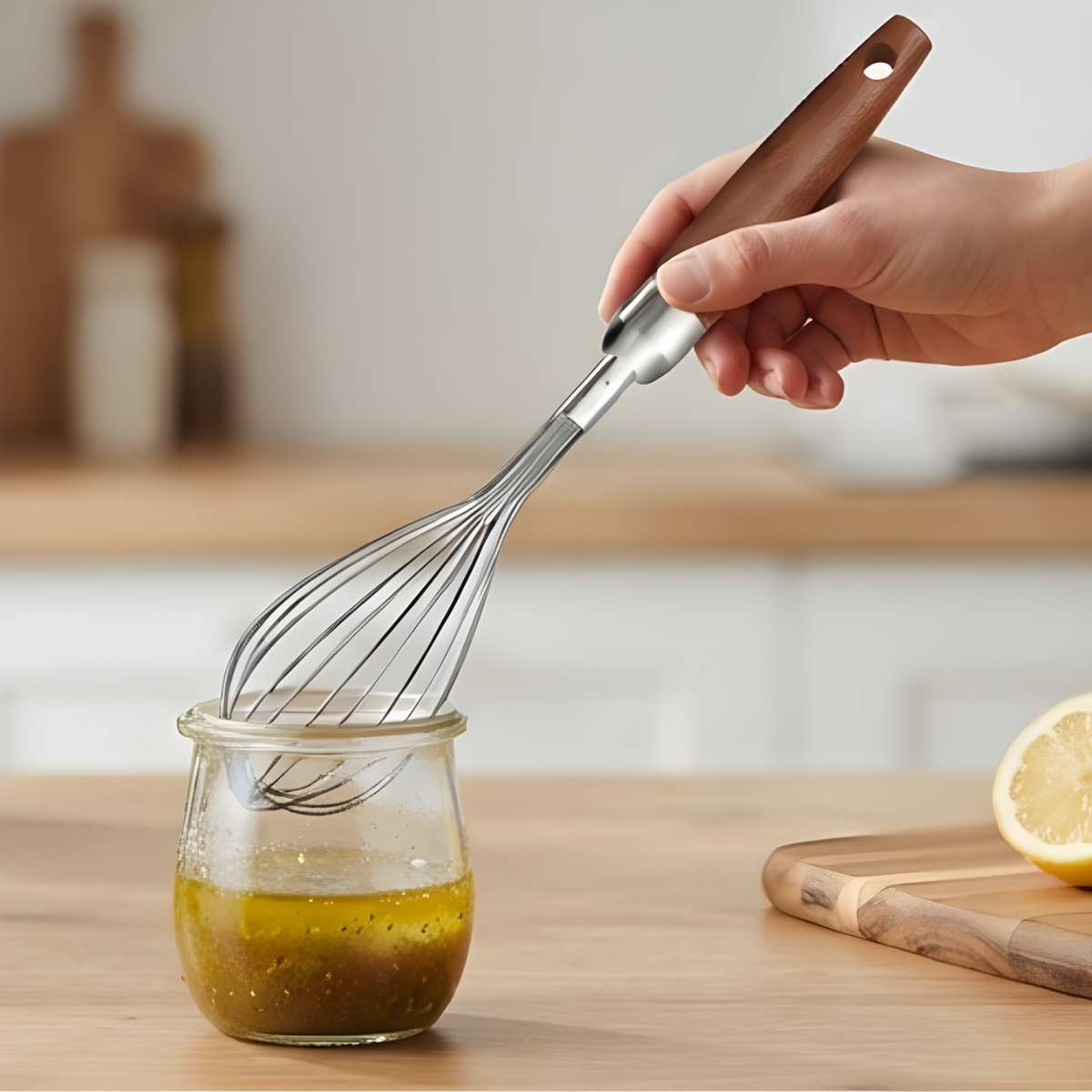 Hardwood handle whisk mixing vinaigrette in a small glass jar beside a lemon half