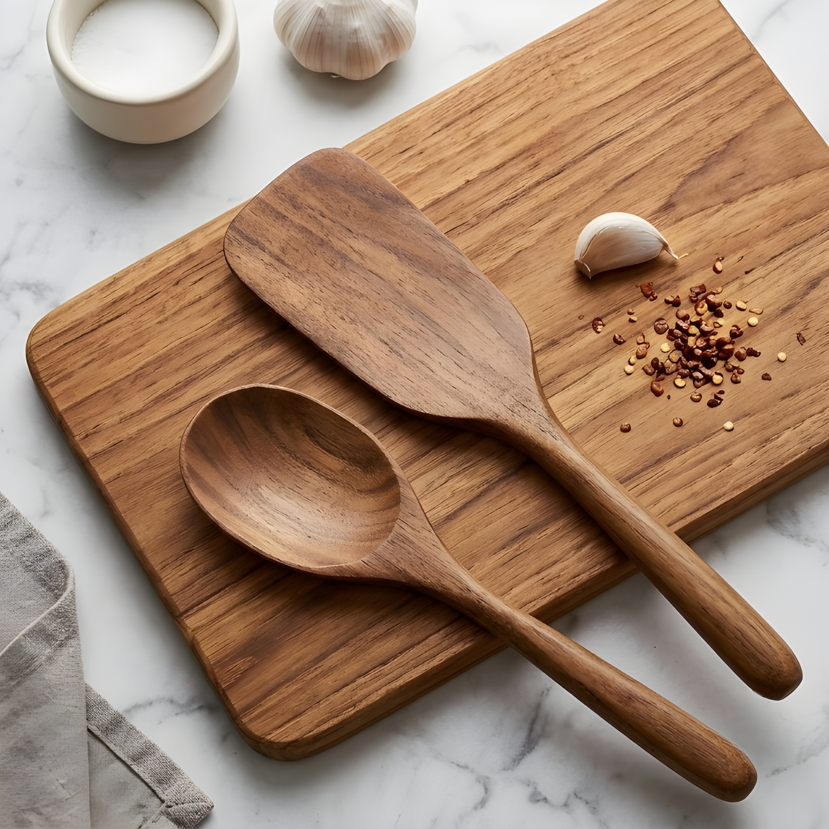 Teak flat turner and serving spoon resting on a wooden chopping board with garlic and red chilli flakes.