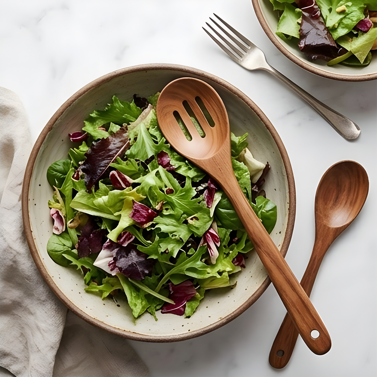 Teak salad fork and serving spoon resting in a ceramic bowl with fresh mixed green salad on a marble surface
