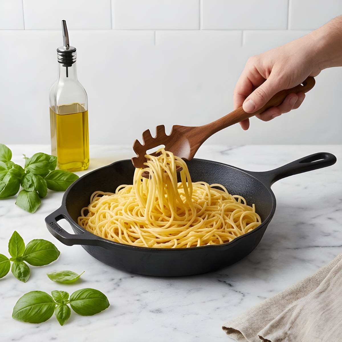 Teak spaghetti server lifting pasta from a cast iron skillet with fresh basil and olive oil in the background