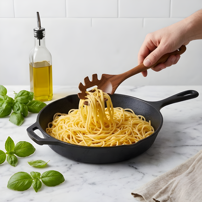 Teak spaghetti server lifting pasta from a cast iron skillet with fresh basil and olive oil in the background