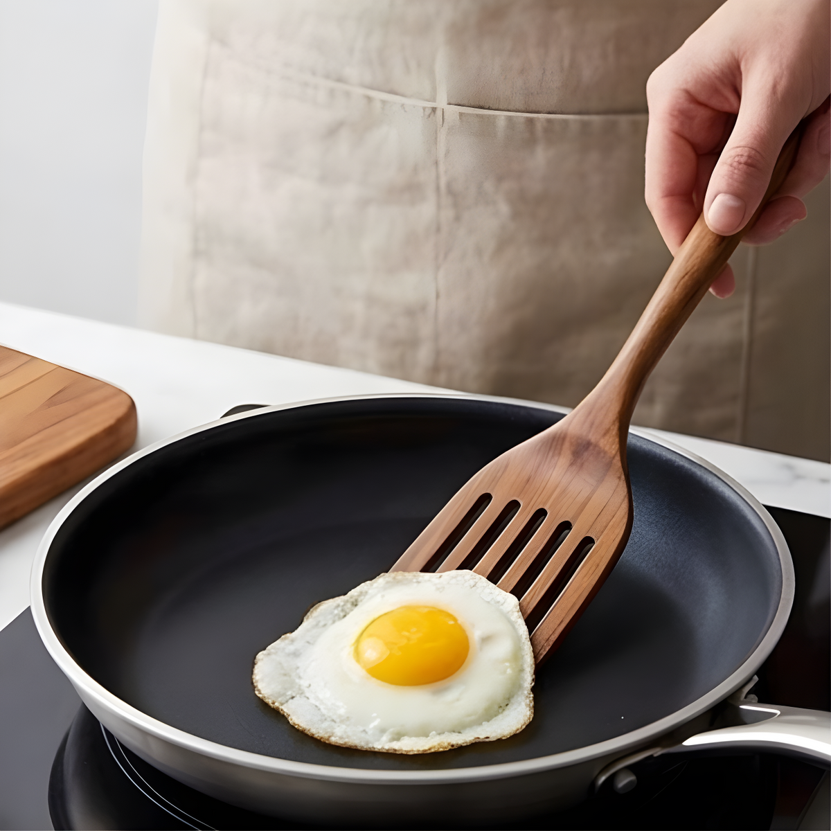 Teak slotted turner flipping a fried egg in a non-stick pan on a modern kitchen cooktop.