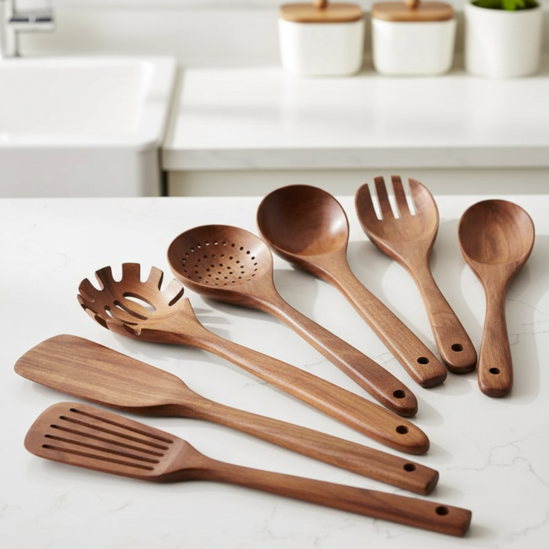 Teak wooden kitchen utensil set arranged on a white marble countertop in a modern kitchen setting